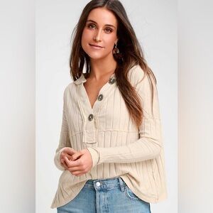 WE THE FREE In the Mix Ivory Ribbed Buttons Long Sleeve Top Size‎ Small Preppy